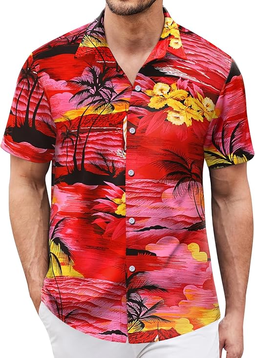 Hawaiian Shirt for Men Sleeves Printed Casual Button Down Summer Beach Dress Shirts