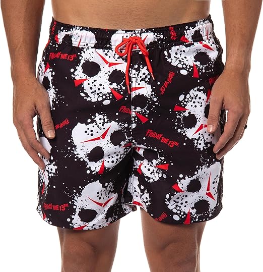 Bioworld Friday The 13th Men's Jason Voorhees Mask Allover Print Design Swim Trunks Board Shorts (Black, Large)