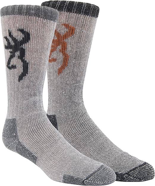 Browning Men's Wool Buckmark Socks, 2 Pairs Wool Blend Outdoor Boot Socks with Arch Support