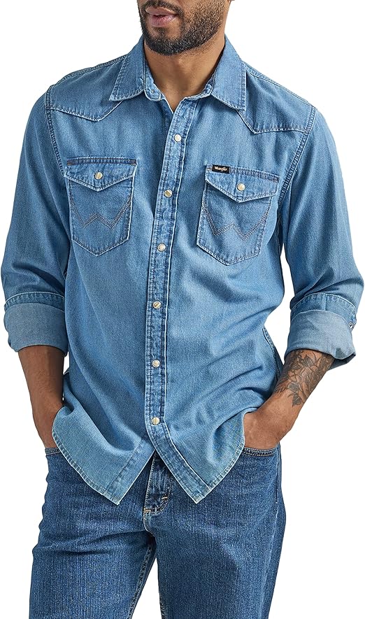 Wrangler Men's Iconic Denim Regular Fit Snap Shirt