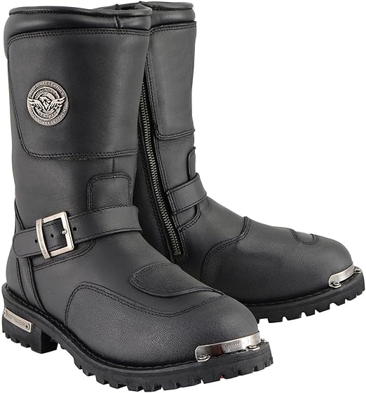 Milwaukee Leather Men's Black Leather Classic Engineer Motorcycle Boots w/Reflective Piping & Gear Shift Protection MBM9070