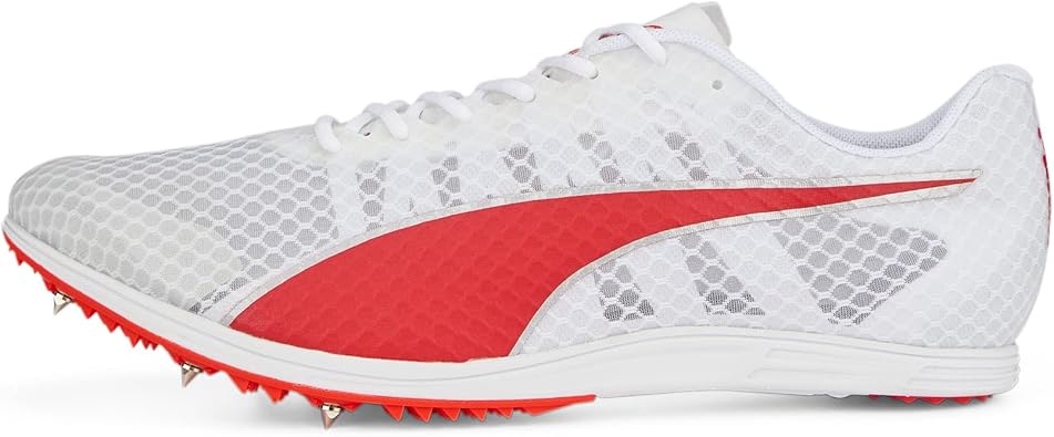 PUMA Mens Evospeed Distance 11 Track and Field Shoe, PUMA Mens White-PUMA Mens Red-Metallic Silver, 13