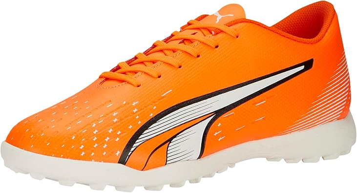 PUMA Mens Ultra Play Turf Trainer Soccer Cleats, Ultra Orange-PUMA Mens White-Blue Glimmer, 7.5