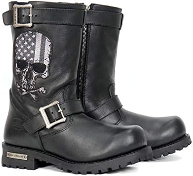 Hot Leathers BTM1018 Men’s Black Tall Harness Flag Skull Boot with Round Toe - 9.5