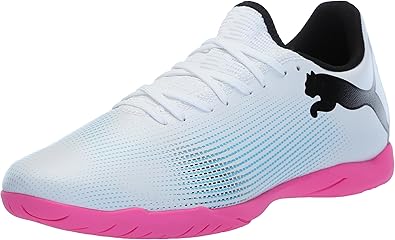 PUMA Mens Future 7 Play Indoor Trainer Soccer Shoes, PUMA Mens White-PUMA Mens Black-Poison Pink, 10.5