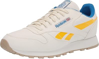 Reebok mens Classic Leather Sneaker, Chalk/Primal Yellow/Horizon Blue, 6.5 US