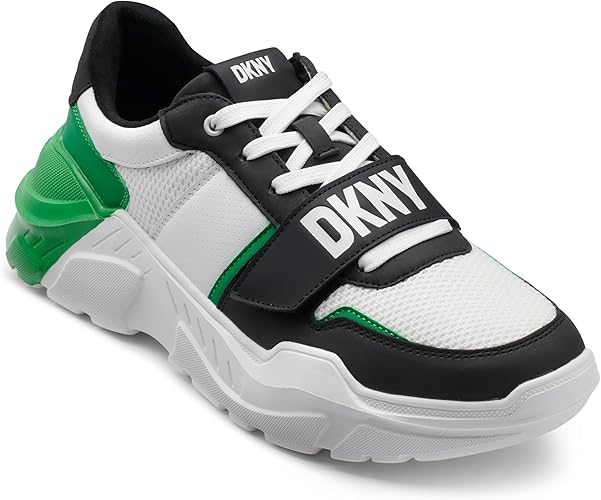 DKNY Men's Runner Mixed Media Sneaker with Logo Strap, Green, 8.5