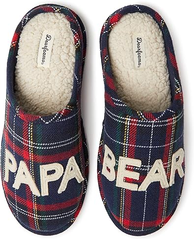 Dearfoams Men's Papa Bear Slipper, Blue Tartan Plaid, Small