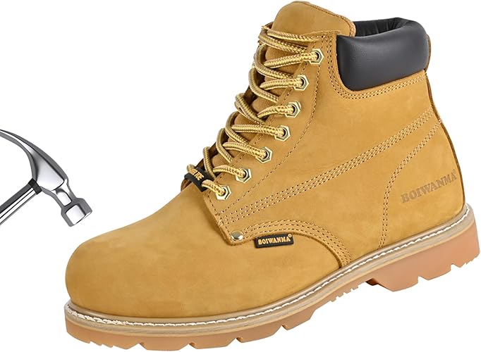 Steel Toe Work Safety Boots for Men, Comfortable Wide Work Shoes Durable Leather Non-Slip Oil-Resistant Lightweight Rubber Sole Construction Industrial Electrician Work Boots