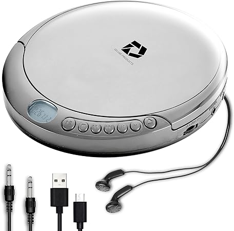 CD Player Portable with 60 Second Anti Skip, Stereo Earbuds, Includes Aux in Cable and AC USB Power Cable for use at Home or in Car. Silver