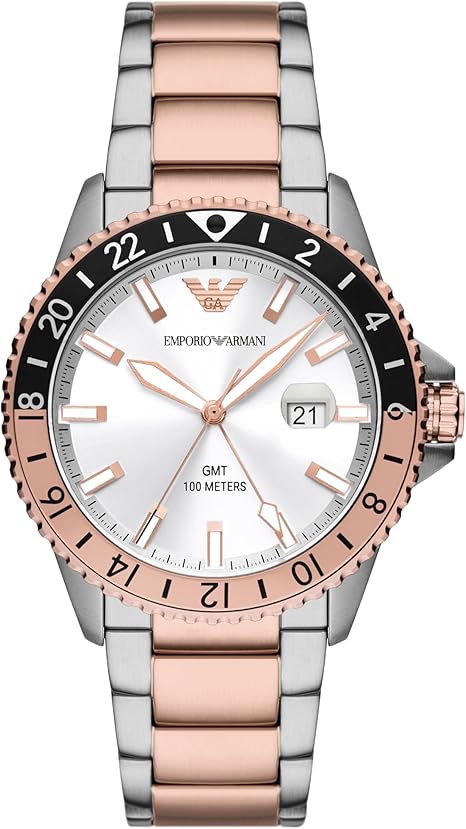 Emporio Armani Men's GMT Dual Time Rose Gold and Silver Two-Tone Stainless Steel Bracelet Watch (Model: AR11591)