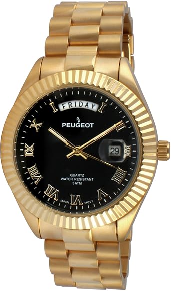 Peugeot 14K All Gold Plated Big Face Luxury Watch with Day Date Windows, Roman Numerals & Coin Edge Fluted Bezel Watch