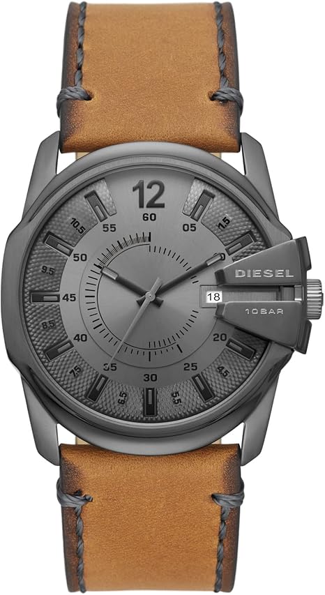 Diesel Master Chief Stainless Steel and Leather Three-Hand Analog Men's Watch, Color: Gunmetal, Tan (Model: DZ1964)