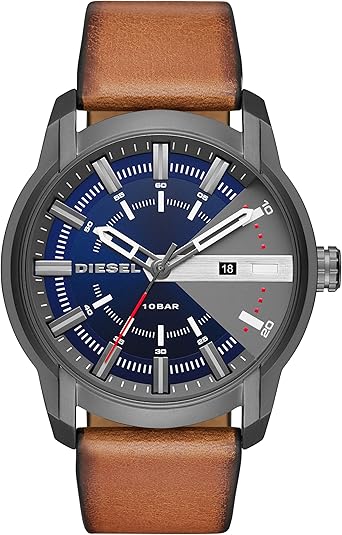 Diesel Armbar Stainless Steel and Leather Three-Hand Analog Men's Watch, Color: Gunmetal, Brown (Model: DZ1784)