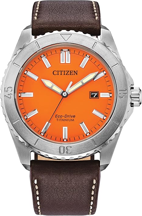 Citizen Men's Eco-Drive Weekender Sport Casual, Silver-Tone Stainless Steel Watch, Brown Leather Strap, Orange Dial (Model: AW1840-09X)