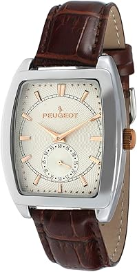 Peugeot Mens Rectangular Shape Wrist Watch with Remote Sweep Seconds Hand Dial & Matching Color Genuine Leather Strap Band