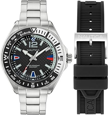 Nautica Men's NAPCWF303 Clearwater Beach Recycled Stainless Steel Bracelet & Black Silicone Strap Watch