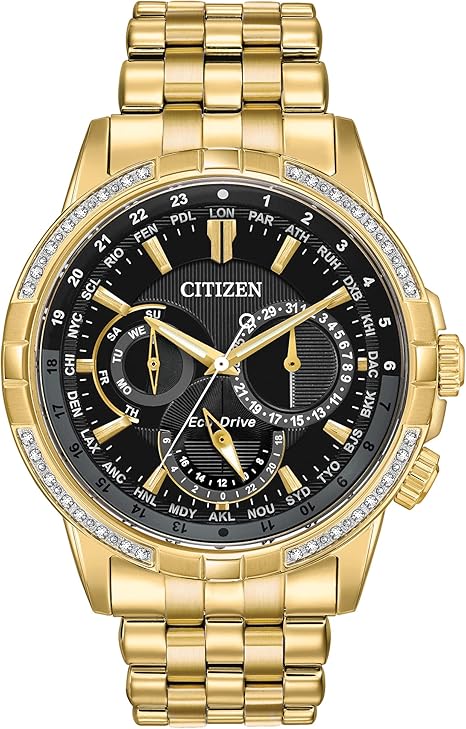 Citizen Men's Eco-Drive Classic Calendrier Watch in Gold-Tone Stainless Steel, Diamonds, Black Dial (Model: BU2082-56E)