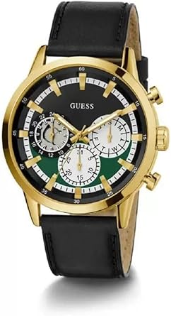 GUESS Men's 44mm Watch - Black Strap Black-Green Dial Gold Tone Case