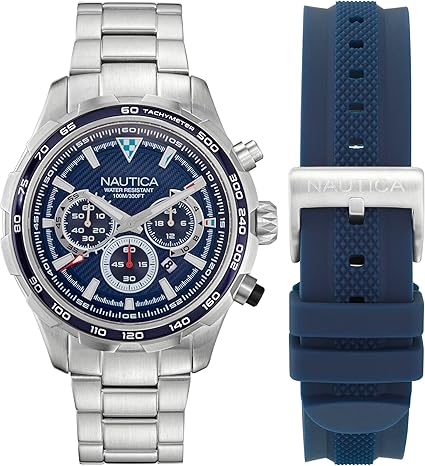 Nautica Men's NAPNSF307 NST Chrono Recycled Stainless Steel Bracelet and Blue Silicone Strap Watch