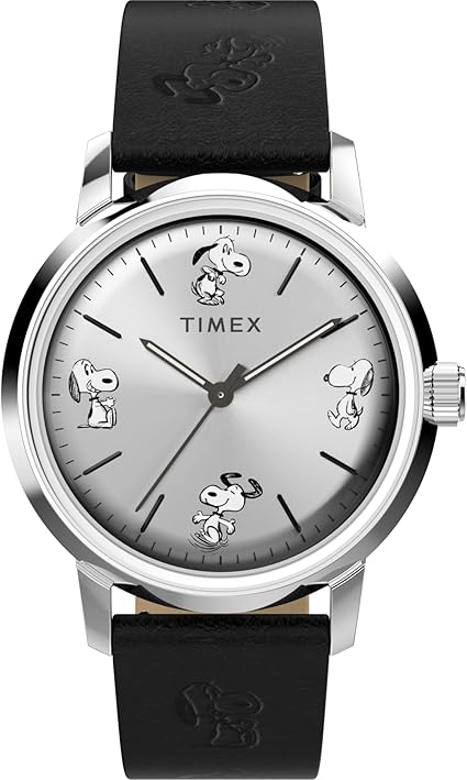 Timex Men's Marlin Automatic Peanuts Sketch 40mm Watch - Black Strap Silver-Tone Dial Stainless Steel Case