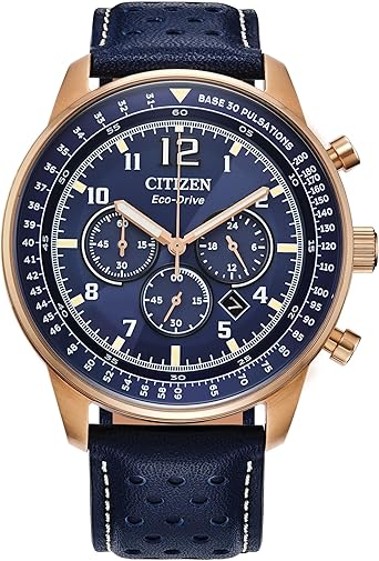 Citizen Men's Eco-Drive Weekender Sport Casual Chronograph Rose Gold Stainless Steel Watch with Blue Leather Strap, Blue Dial (Model: CA4503-00L)