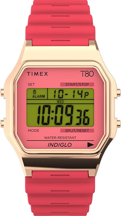 Timex Unisex T80 34mm Watch - Pink Strap Digital Dial Rose Gold-Tone Case