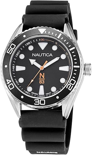 Nautica N83 Men's NAPFWF113 N83 Finn World Silver-Tone/Black/Black Silicone Strap Watch