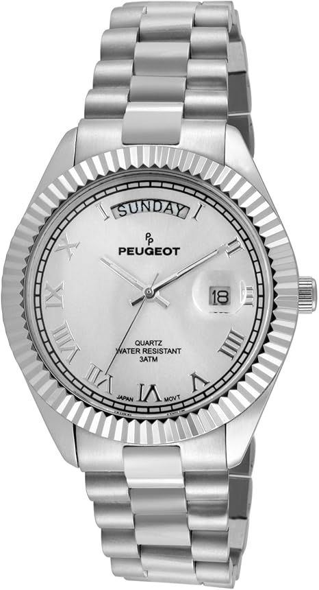 Peugeot Stainless Steel Big Face Luxury Watch with Day Date Windows, Roman Numerals & Coin Edge Fluted Bezel Watch