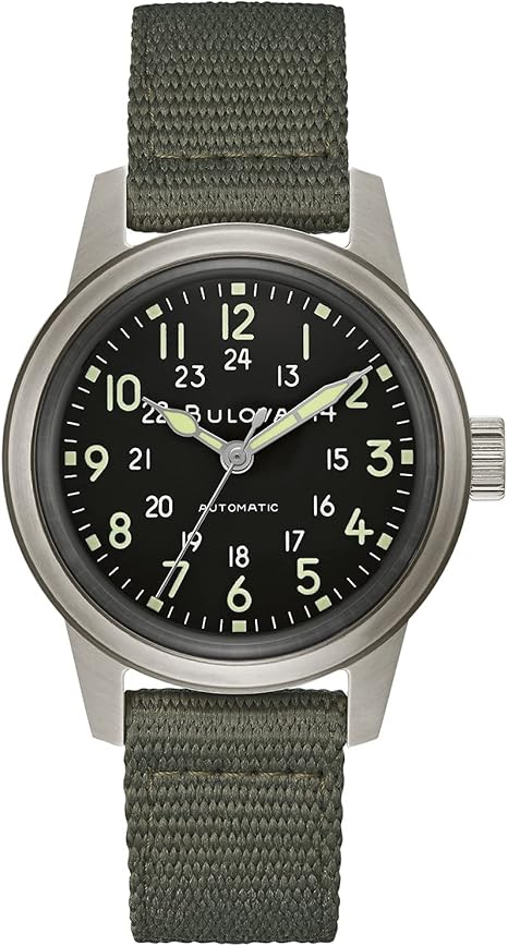 Bulova Men's Military Heritage Hack Veteran's Watchmaking Initiative Watch in Stainless Steel with 3-Hand Automatic, Black NATO Leather Strap Style: 96A259