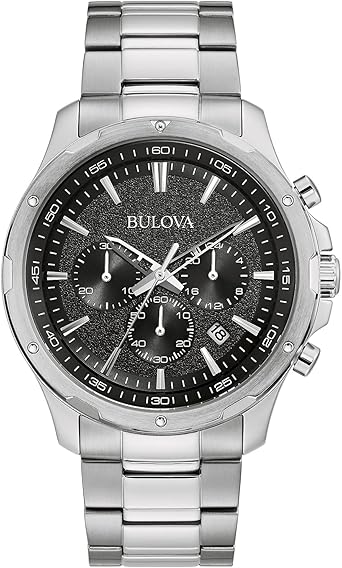 Bulova Men's Classic Stainless Steel Six-Hand Chronograph Quartz Watch, Black Dial, 43mm Style: 96B336