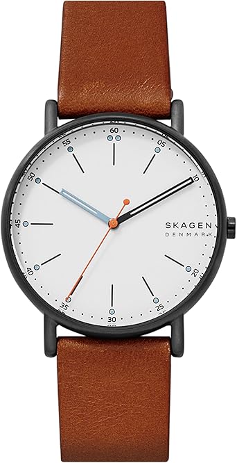 Skagen Men's Signatur Three-Hand Black Stainless Steel and Brown Leather Band Watch (Model: SKW6374)