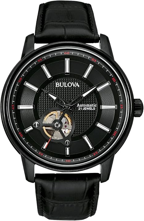 Bulova Men's Automatic Leather Watch, 21 Jewels, Hack Feature, Luminous Hands/Markers, Open Aperture, 45mm