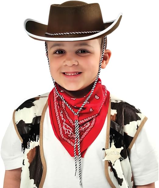 Brown Cowboy Hat with White Trim and Adjustable Rope Cord