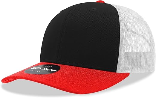 DECKY Standard 6 Panel Mid Profile Structured Cotton Blend Trucker, RED/BLK/WHT, Multi