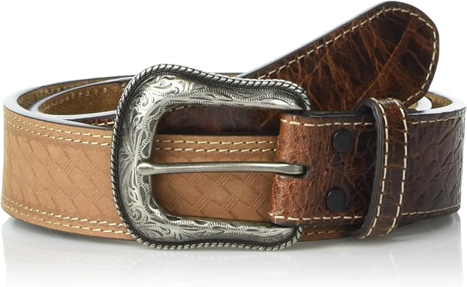 Men's G-BAR-D Genuine leather belt with basket weave embossed strap and croco embossed leather end tabs, brown