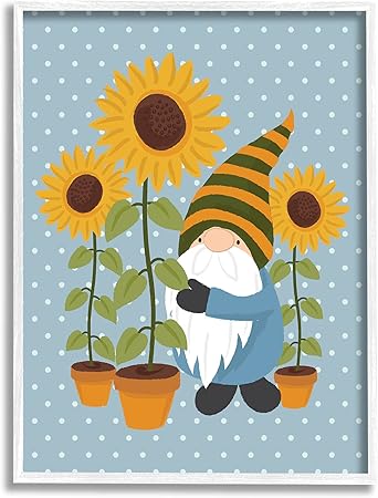 Stupell Industries Sunflower Garden Gnome Striped Hat Blue Polka Dots, Designed by Lisa Whitebutton White Framed Wall Art