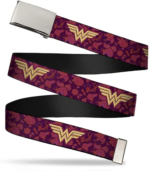 Buckle-Down Web Belt - Wonder Woman Logo/Floral Collage Purple/Pinks/Gold