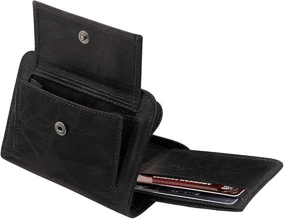 RFID Blocking Men’s Zippered Bifold Wallet - Italian Cowhide Leather - Slim Travel Comfort - Credit Card Holder w/Transparent ID Slot - Snap Back Coin Holder