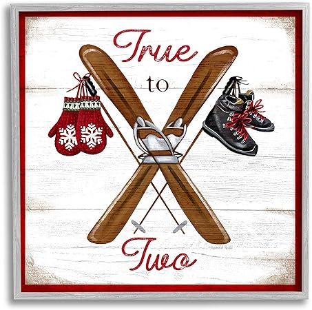 Stupell Industries True to Two Ski Motivational Phrase Red Mittens, Design by Elizabeth Tyndall Gray Framed Wall Art, 24 x 24, White