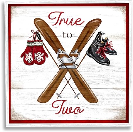 Stupell Industries True to Two Ski Motivational Phrase Red Mittens, Design by Elizabeth Tyndall White Framed Wall Art, 12 x 12