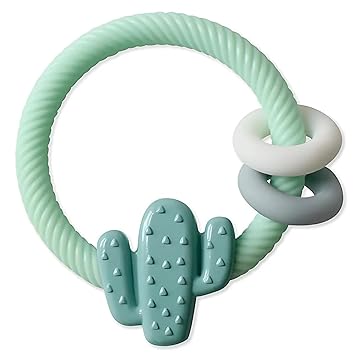 Itzy Ritzy Silicone Teether with Rattle; Rattle Teether Features Rattle Sound, Two Silicone Teething Rings and Raised Texture to Soothe Gums; Ages 3 Months and Up (Cactus)