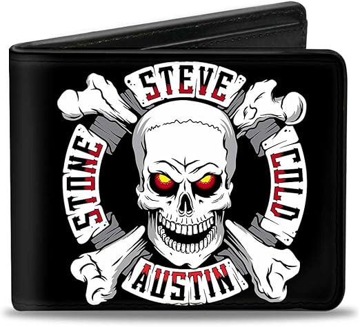 Buckle-Down PU Bifold Wallet - STONE COLD STEVE AUSTIN Skull & Cross Bones Icon + AUSTIN 3:16 Black/Grays/White/Red