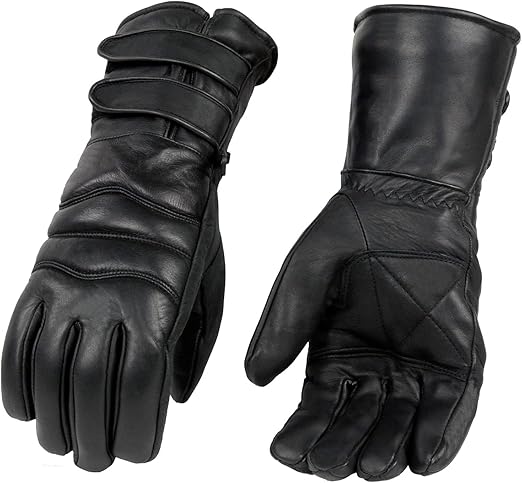 Milwaukee Leather SH233 Men's Black Leather Warm Lining Gauntlet Motorcycle Hand Gloves W/Double Strap Cuff Pull-on Closure