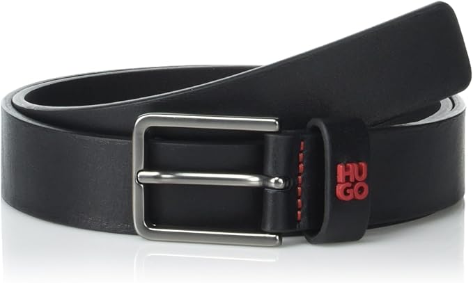 HUGO mens Stacked Logo Thin Buckle Leather Belt