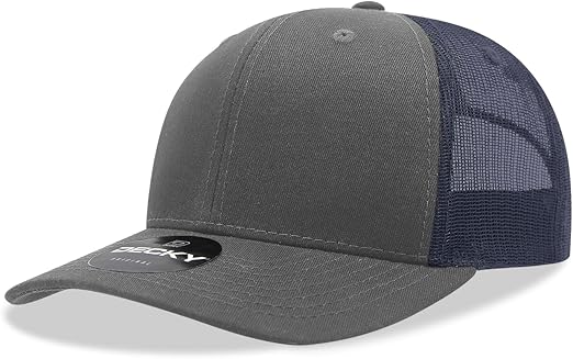 DECKY Standard 6 Panel Mid Profile Structured Cotton Blend Trucker, CHA/NVY, Multi