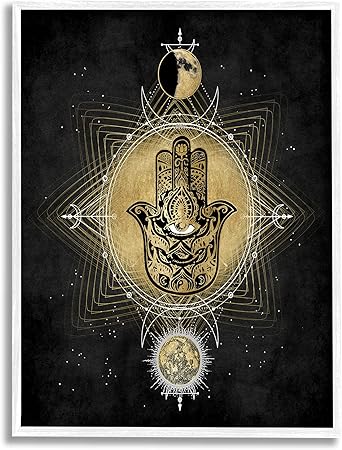 Stupell Industries Geometric Hamsa and Evil Eye Astrological Symbols, Designed by Oliver Jeffries White Framed Wall Art, Tan