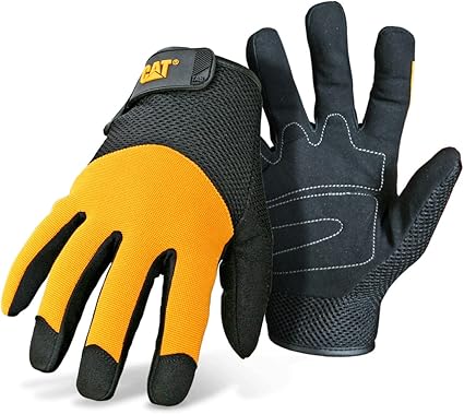 Cat® CAT012215J Spandex Back Gloves – Yellow/Black, Jumbo, Padded Synthetic Leather Palm Gloves with Mesh Upper Back