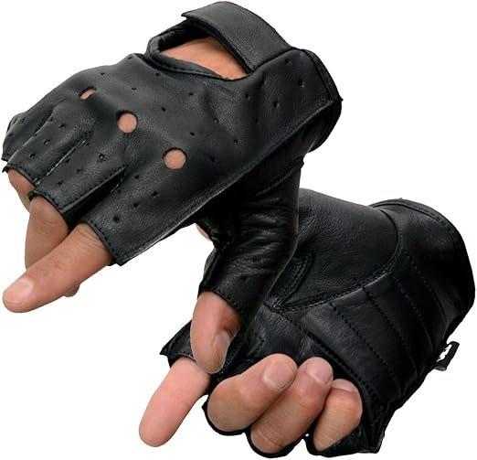 Milwaukee Leather SH195 Men's Black Leather Perforated Gel Padded Palm Fingerless Motorcycle Hand Gloves W/ ‘Open Knuckle’