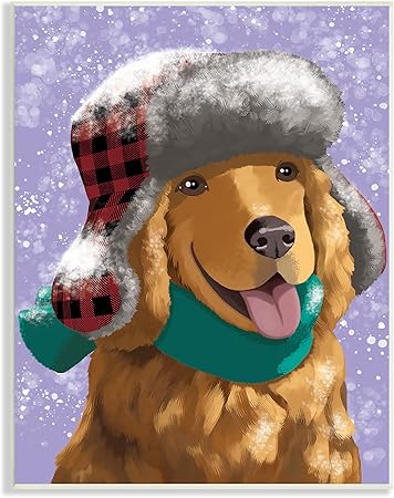 Stupell Industries Happy Golden Retriever in Winter Snow Hat, Designed by Sally Springer Griffith Wall Plaque, 13 x 19, Brown